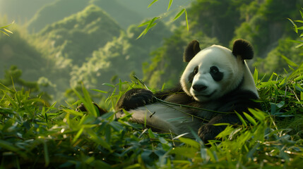 A panda lounging in a bed of bamboo - Powered by Adobe