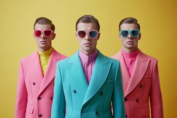 Three stylish fashion men in brightly colored suits with colorful sunglasses stand against a yellow background.