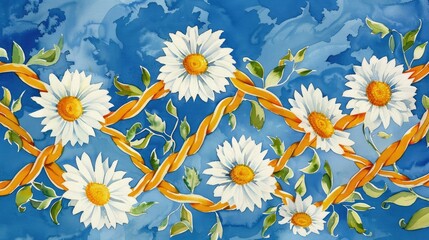 Watercolor painting of a daisy chain woven together with bright yellow and white petals against a blue sky