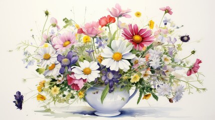 Watercolor painting of a vibrant bouquet of wildflowers in a rustic vase