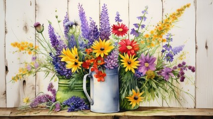 Watercolor painting of a vibrant bouquet of wildflowers in a rustic vase