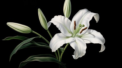 Obraz premium Watercolor portrait of a graceful lily with pristine white petals and delicate stamens, set against a dark background