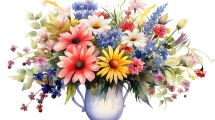 Watercolor painting of a vibrant bouquet of wildflowers in a rustic vase