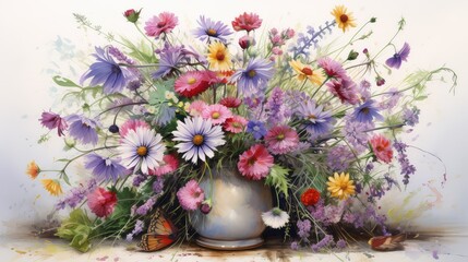 Watercolor painting of a vibrant bouquet of wildflowers in a rustic vase