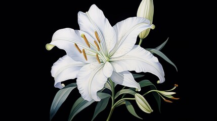 Watercolor portrait of a graceful lily with pristine white petals and delicate stamens, set against a dark background