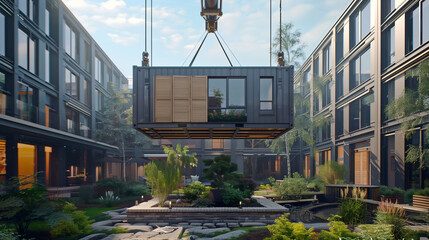 modular house was lifted by a moving crane,In the middle of a large courtyard,lifting module, container, crane.