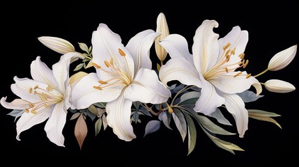 Watercolor portrait of a graceful lily with pristine white petals and delicate stamens, set against a dark background