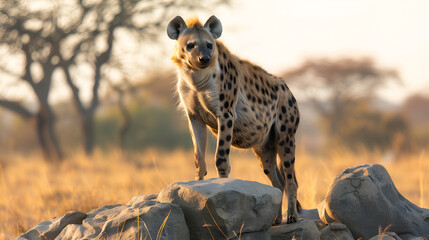 A hyena surveying the African savannah from a rocky outcrop