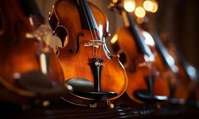 Group of violins in a music store, note shallow depth of field