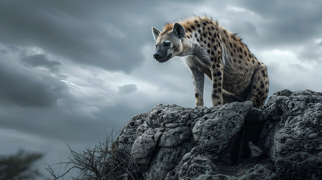 A hyena surveying the African savannah from a rocky outcrop