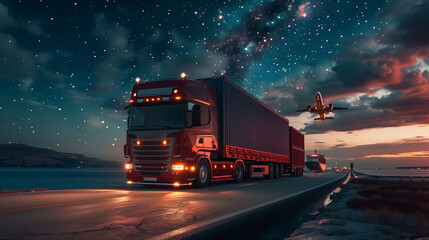 Photography style of international logistics with container trucks on the road,airplane on the sky,container ships on the sea,with white and map of the world background