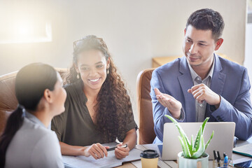 Office, team and laptop with interview, discussion and group collaboration for small business startup. Law firm, teamwork and employee support with company planning, management and intern training