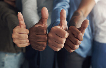 People, thumbs up or thank you for good job with yes, approval and like emoji hands. Diversity, community and support with employee in group with positive gesture for agreement and achievement
