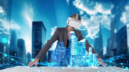 Civil engineer searching skyscraper design hologram virtual graphic via VR future global innovation...