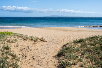 Golden sand beach access from the Kealia Coastal Boardwalk, National Wildlife Refuge, Maui, Hawaii
