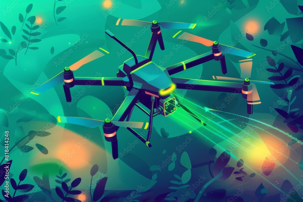 Poster camera drone processes in agriculture integrate smart technology and precision farming to protect cr