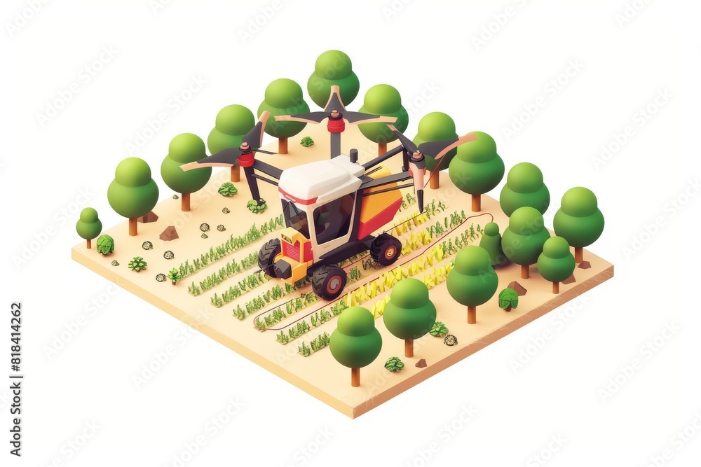 Poster farming operations benefit from isometric machinery and drone sensors, providing green and efficient