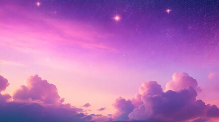Obraz premium Rainbow unicorn pastel background with glitter stars. Pink fantasy sky. Holographic space with bokeh. Fairy iridescent gradient backdrop. Vector 