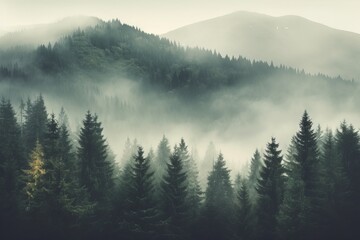 Foggy mountain landscape with forest