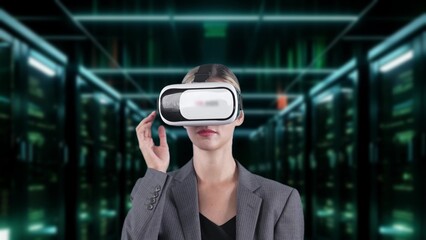 Woman pressing start opening analyze world finance data color green or orange through VR glasses turn around global interface digital infographic network technology virtual 3D animation. Contraption.