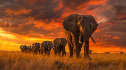 An elephant matriarch leading her herd through the golden grasslands of the African savannah