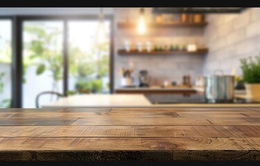 The wooden table in the foreground adds warmth, while the sleek kitchen design in the background exudes modernity.