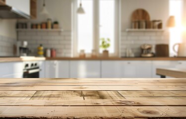 Wood table top on blur kitchen counter (room) background.