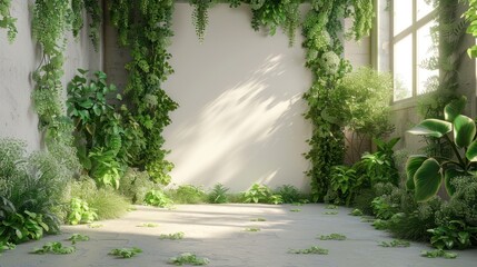 Minimalist wedding interior with blank posters and beautiful green flowers on the walls