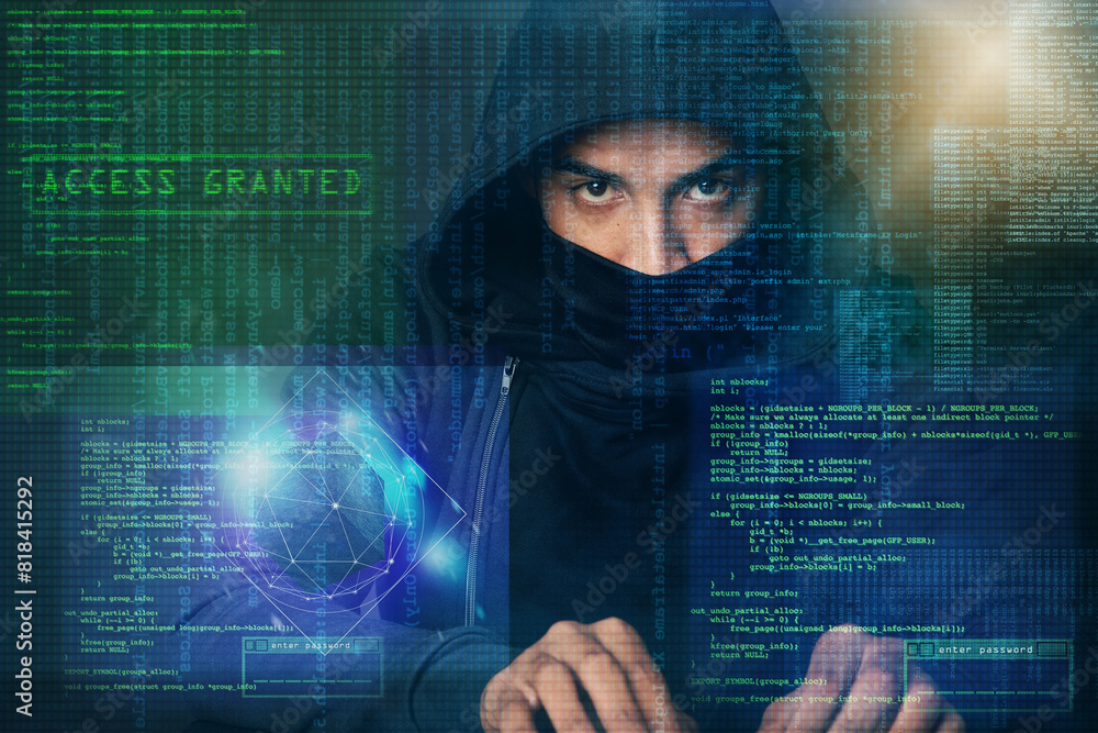 Fototapete Coding overlay, hacker and portrait of man for programming, malware and information technology in dark. Cybersecurity, user interface and person with mockup for online crime, fraud and install virus