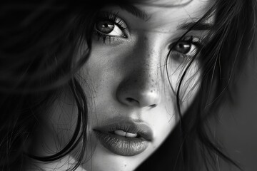 Fototapeta premium a beautiful girl or woman looking at the camera, shiny/glossy, fashion photography, magazine cover, half body