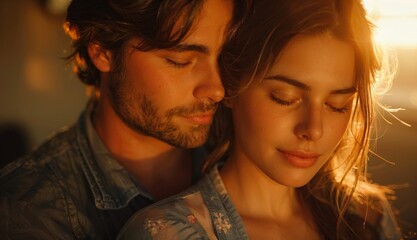 Strength and Support: A photorealistic image of a woman in labor, eyes closed and determined, leaning on her partner's shoulder for support. Soft light bathes the room, creating a sense of intimacy