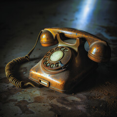 Dusty old rotary phone illuminated by a single beam of light on a textured surface