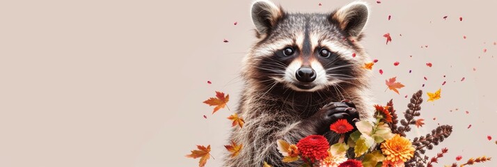 Raccoon among flowers on a light background