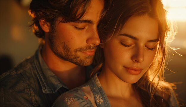 Strength and Support: A photorealistic image of a woman in labor, eyes closed and determined, leaning on her partner's shoulder for support. Soft light bathes the room, creating a sense of intimacy