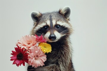 Obraz premium Raccoon with a bouquet of flowers