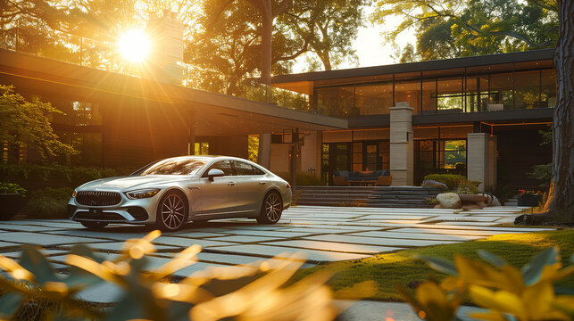 a luxury sedan parked in the driveway of a modern suburban home in golden sunlight