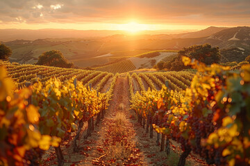 A picturesque vineyard with rows of lush grapevines stretching across rolling hills, basking in the...