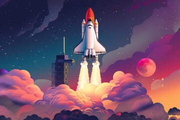 Space shuttle launch with colorful planetary background.