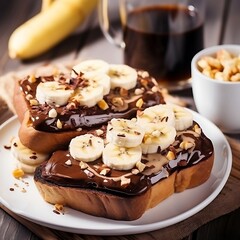 Sandwich with banana, peanut butter and chocolate on a wooden background