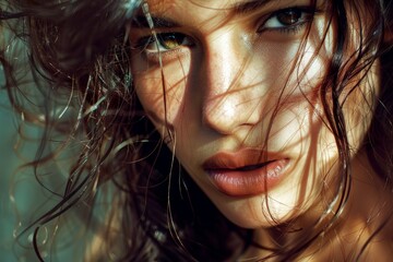 a beautiful girl or woman looking at the camera, shiny/glossy, fashion photography, magazine cover, half body