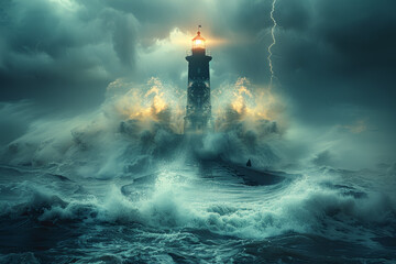 A solitary lighthouse standing sentinel against the crashing waves, its beacon guiding ships safely to shore through the darkness of the night. Concept of guidance and perseverance. Generative Ai.