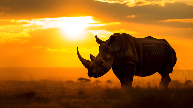 A majestic rhinoceros at sunset