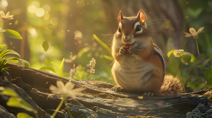 A chipmunk perched on a weathered log