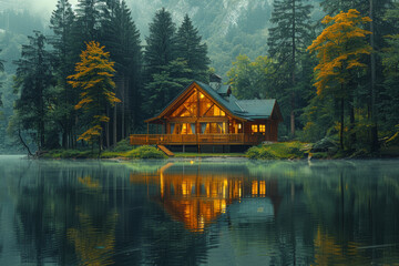 Fototapeta premium A serene lakeside cabin nestled among towering pine trees, its reflection mirrored in the glassy surface of the water. Concept of retreat and reflection. Generative Ai.