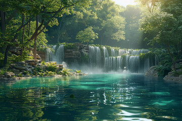 A secluded waterfall hidden within a lush forest, its cascading waters forming a crystal-clear pool at the base, inviting weary travelers to rest and rejuvenate.  Generative Ai.
