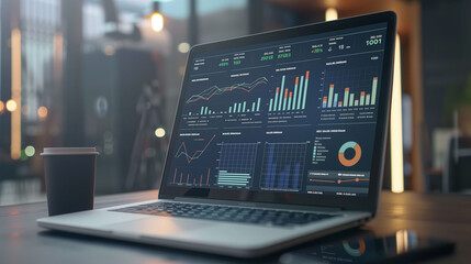 Fototapeta premium finances and calculating financial report and investment, business analysis concept. Computer laptop and dashboard for data business analysis and Data Management System.