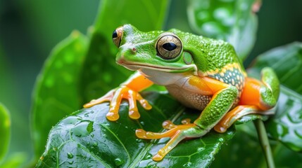 Obraz premium Litoria rubella tree frog on green leaves, Australian tree frog closeup on green leaves, Desert tree frog closeup
