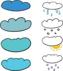 The cartoon set consists of different clouds with rain, snow and sun.
