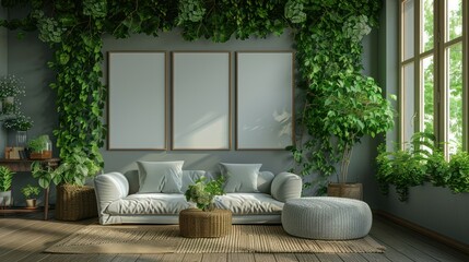 Minimalist wedding interior with blank posters and beautiful green flowers on the walls