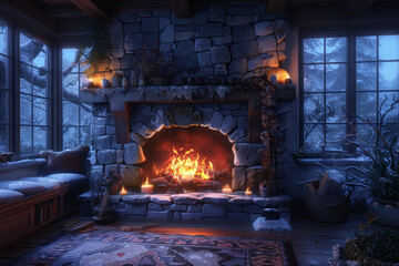 A cozy fireplace crackling with warmth on a cold winter's night, its flickering flames casting a comforting glow. Concept of cozy comfort and relaxation. Generative Ai.